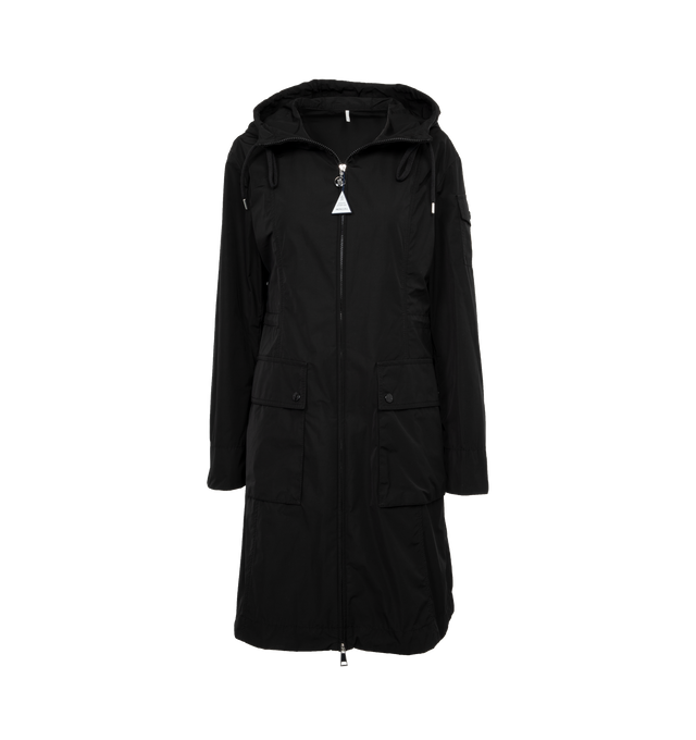 Image 1 of 3 - BLACK - MONCLER Laerte Long Parka featuring poplin technique, hood, zipper closure, patch pockets and waistband with drawstring fastening. 60% polyester, 40% cotton. Made in Moldova.  
