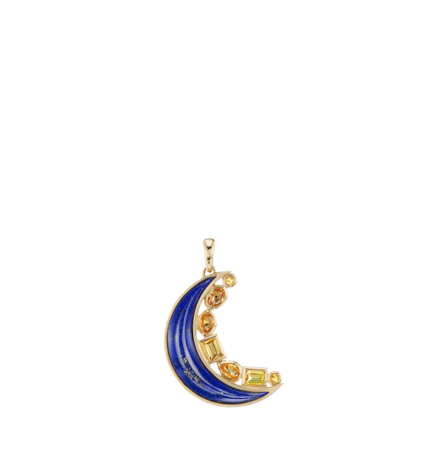 Image 1 of 1 - GOLD - SORELLINA Mini Crescent Moon Inlay Pendant featuring sculptural stone inlays mixed with geometric shapes strike an elegant balance on this crescent moon. Handcrafted 18k yellow gold pendant with 2.2 ctw carved lapis and 0.37 cttw yellow sapphires 19 mm.
