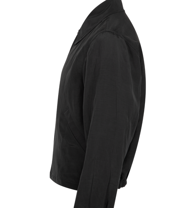 Image 3 of 3 - BLACK - LEMAIRE Short Jacket in linen blend featuring straight fit, lightweight lined short model, turn-down collar, long sleeves with adjustable buttoned cuffs, zipped closure, side welt pockets and elasticated back hem. 53% linen, 47% viscose. Made in Bulgaria.