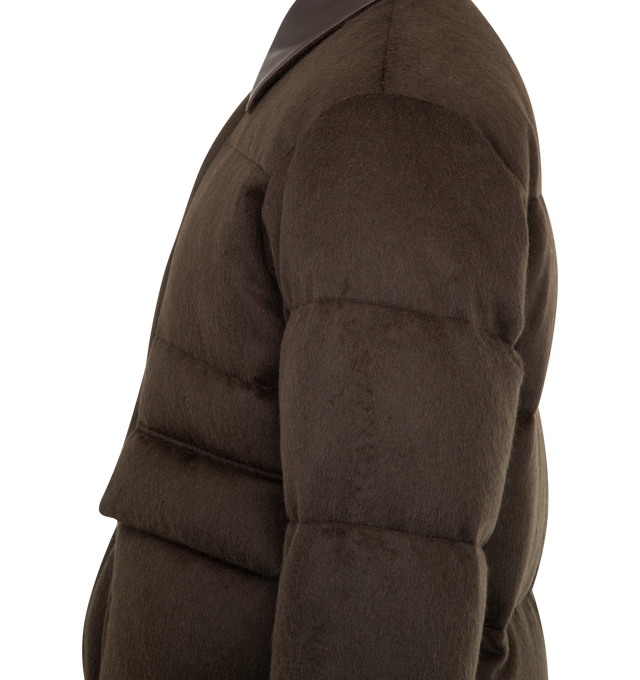 Image 3 of 4 - BROWN - AURALEE Baby Camel Flannel Down Blouson featuring concealed zipper closure with snap buttons, contrast collar, flap pockets on front with snap button closure, adjustable hem with drawstring and relaxed fit. 100% baby camel flannel.