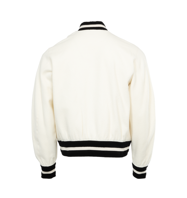 Image 2 of 3 - WHITE - GIVENCHY Varsity Jacket featuring GIVENCHY, 4G labels and reflective 4G Stars patch on the front, ribbed elasticated knit collar, cuffs and hem with contrasting stripes, snap closure, two side pockets and classic fit. 100% virgin wool. Details: 100% calfskin leather. Made in Portugal. 