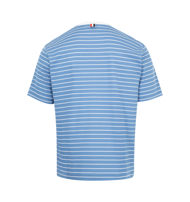 Image 2 of 2 - BLUE - THOM BROWNE Milano Pocket Tee featuring chest patch pocket, short sleeves, crewneck, stripes throughout, name tag applique, buttoned side vents with signature striped grosgrain trim, dropped back hem and signature striped grosgrain loop tab. 100% cotton. Made in Italy.
