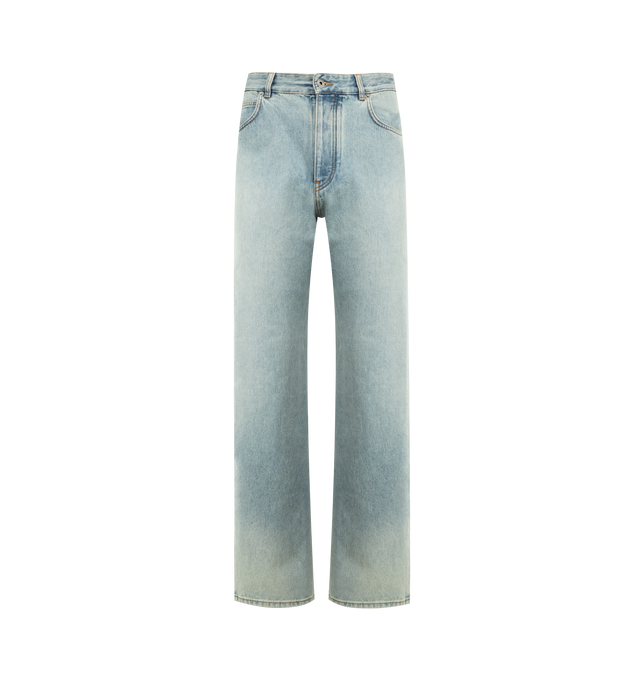 Image 1 of 3 - BLUE - LOEWE Jeans in medium-weight washed cotton denim featuring a cinch back, relaxed fit, regular length, mid waist, straight leg, concealed button fly, five pocket style and LOEWE embossed leather patch placed at the back. Cotton. Made in Italy.