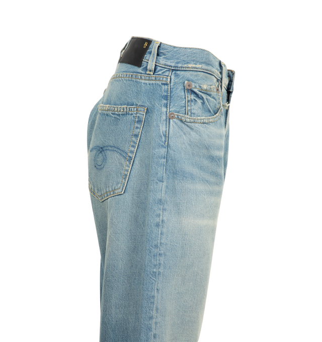 Image 3 of 3 - BLUE - R13 X-BF Jean featuring wide, slouchy leg, built with 13 oz. rigid denim with a medium indigo wash and mild wear pattern. 100% cotton.