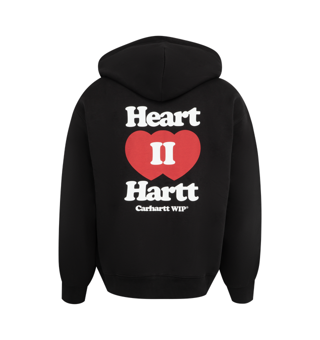 Image 2 of 2 - BLACK - CARHARTT WIP Hooded Heart II Hartt Sweat Jacket featuring heavyweight, brushed polycotton jersey with a fleece-like backing, a balloon fit, dropped shoulders, zip closure, ribbed trims, a woven heart patch on the chest and a graphic print on the back. 80% cotton, 20% polyester.