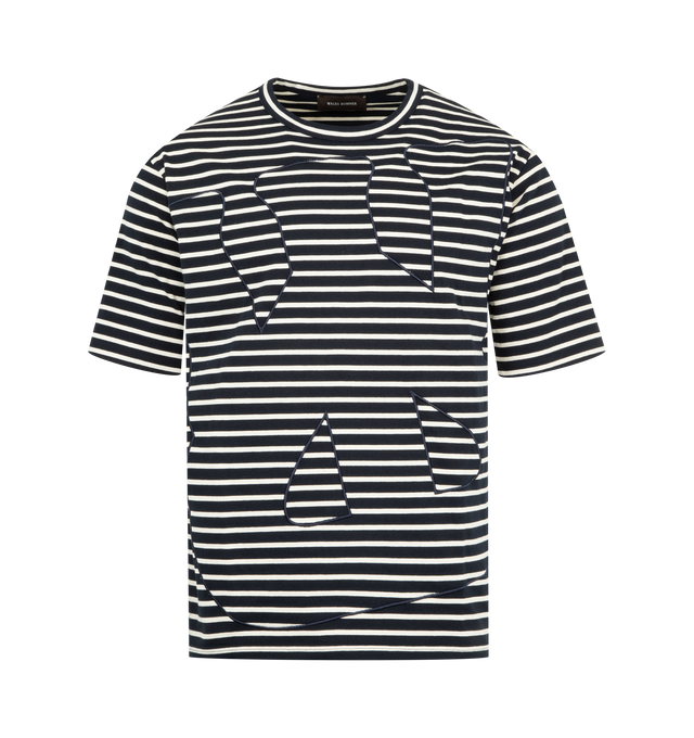 Image 1 of 2 - NAVY - WALES BONNER Crown T-Shirt featuring round neck, irregular stripe pattern and short sleeves. 100% organic cotton. Made in Portugal.