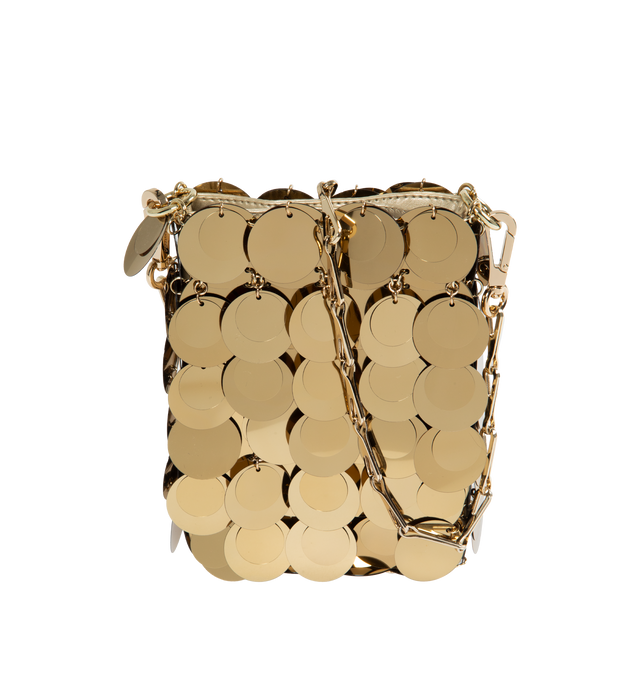 Image 1 of 3 - GOLD - RABANNE Mini Sparkle Discs Bag featuring chain-mail-style shoulder bag, detachable chain link shoulder strap, magnetic closure and full twill lining. H6.5" x W4.5" x D1.5". 90% polyester, 10% brass. Made in Madagascar. 