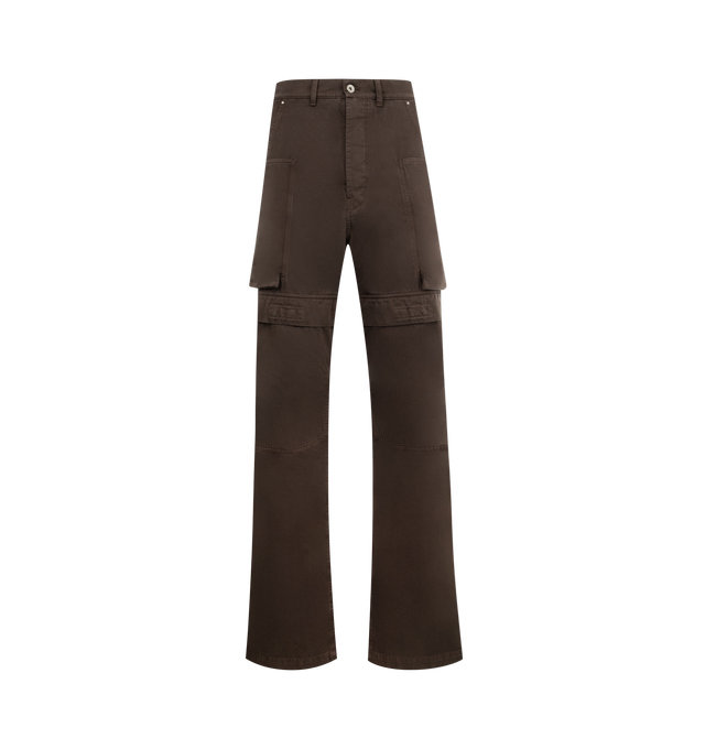 Image 1 of 3 - BROWN - DRKSHDW Stefan Cargo Pants featuring high-waist, belt loops, button and zip closure on the front, two side pockets, two patch pockets on the leg, wo flap pockets on the back and relaxed fit. 100% cotton.