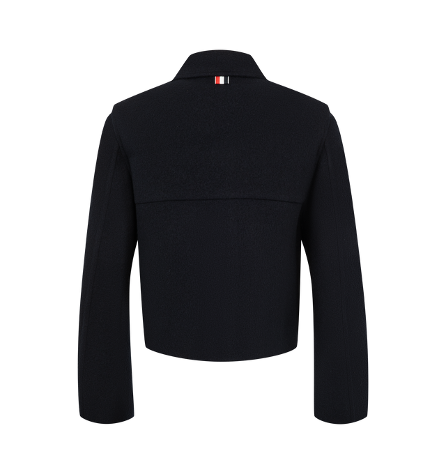 Image 2 of 3 - BLUE - Thom Browne Womens Bell Sleeve Boiled Wool Jacket is crafted from boiled virgin wool and features a sculptural silhouette with bell sleeves, front anchor-detailed button closure, bellows flap hand pockets, a tricolor-lined back yoke, and the signature striped grosgrain loop tab. This designer wool jacket combines architectural tailoring with a modern silhouette for elevated everyday layering. Main Material: 100% Virgin Wool; Lining: 100% Silk. Made in Italy.
