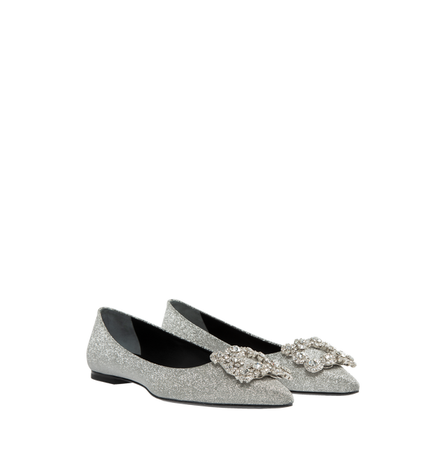 Image 2 of 4 - SILVER - ROGER VIVIER Flower Strass Glitter Ballet Flats featuring a shimmering glitter coating, pointed-toe and crystal-encrusted buckles. Upper: fabric. Sole: leather insole and sole. Made in Italy. 