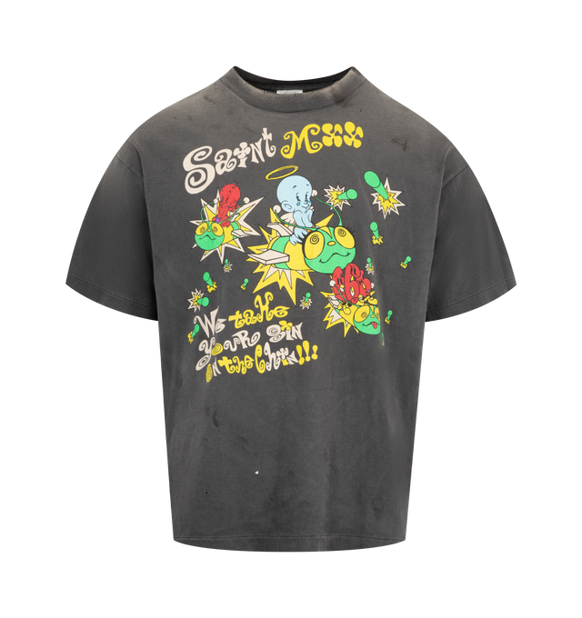 Image 1 of 2 - BLACK - SAINT MICHAEL Saint MX6 Tee featuring crew neck, short sleeves, relaxed fit and graphic print on front and back. 100% cotton.