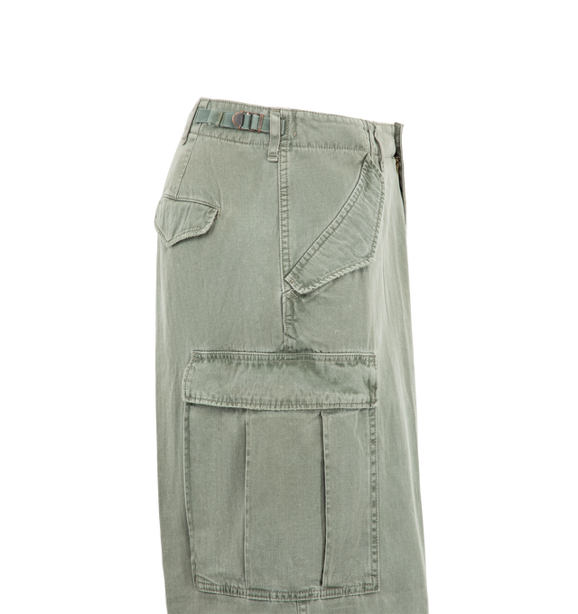 Image 3 of 3 - GREEN - A.Presse Men's Vintage US Army M-51 Field Pants feature premium cotton herringbone fabric with a wide, tapered silhouette inspired by the iconic military cargo pant. Crafted using irregular warp and weft yarns and a vintage-inspired dyeing process, these designer pants combine authentic character with exceptional Japanese craftsmanship. Additional details include flap pockets, cargo pockets, a thick cotton twill lining, an Asahi zipper closure, and intentional fading and distressing t