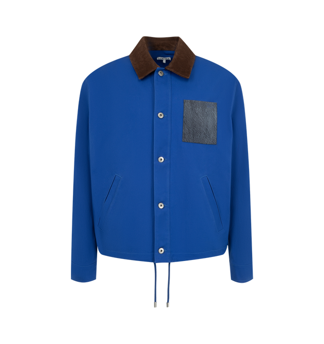 Image 1 of 3 - BLUE - LOEWE Workwear Jacket in lightweight cotton canvas featuring a corduroy-effect embossed suede classic collar, regular fit, regular length, button front fastening, front welt pockets, contrasting brushed suede chest patch pocket, contrasting corduroy-effect suede buttoned cuffs, drawstring hem and double L embroidery placed on the chest pocket. Cotton. Made in Italy.