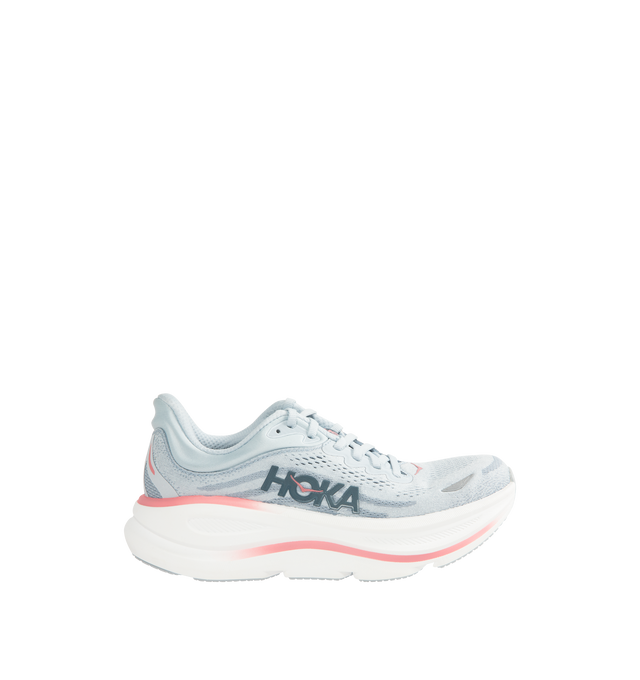Image 1 of 5 - GREY - HOKA W Bondi 9 Sneaker featuring performance mesh upper, cushioned collar and tongue, removable contoured insole, supportive midsole, textile lining, lace-up closure, round toe and rubber sole.
