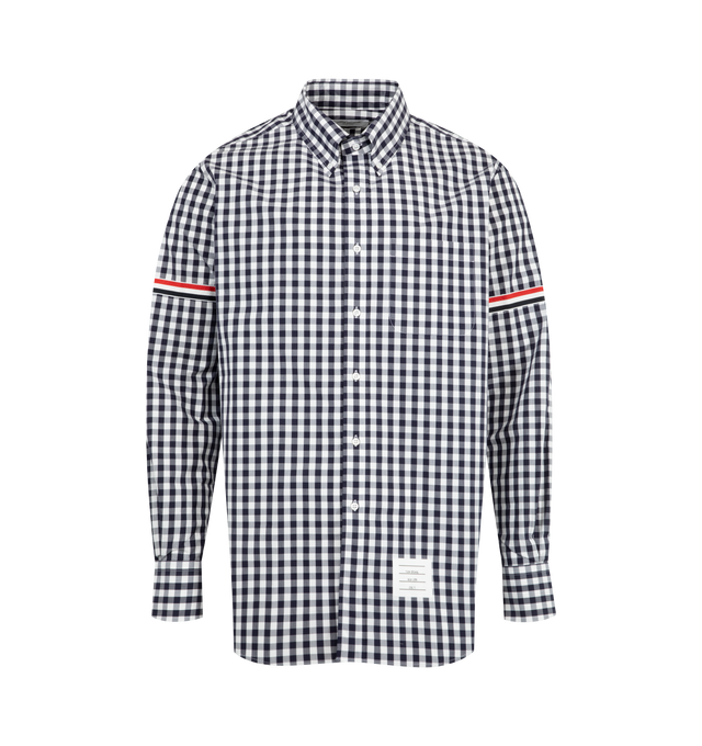 Image 1 of 2 - NAVY - THOM BROWNE Gingham Check Armband Shirt featuring signature grosgrain armbands, iconic name tag applique, front button closure, chest patch pocket, pleated back yoke with locker loop and signature striped grosgrain loop tab. 100% cotton. Made in Italy.