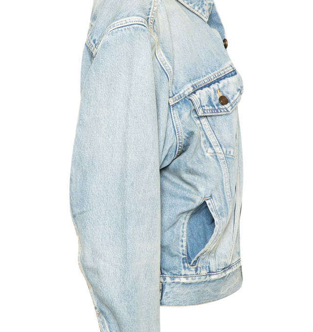 Image 3 of 3 - BLUE - SAINT LAURENT Neo Egg Shape Denim Trucker Jacket featuring front button closure, spread collar, one-button cuffs, chest button-flap patch pockets, front welt pockets and adjustable button side tabs. 100% cotton. 