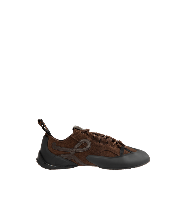 Image 1 of 5 - BROWN - LOEWE Grip sneaker in calfskin suede with contrast moulded TPU parts featuring a distinctive climbing shoe-inspired silhouette, asymmetric toe shape and lacing system, 5mm heel, L monogram on the side, embossed Anagram on the tongue, LOEWE jacquard webbing at the back, padded insock and LOEWE-injected TPU outsole. Calf suede/tpu. Made in Italy.