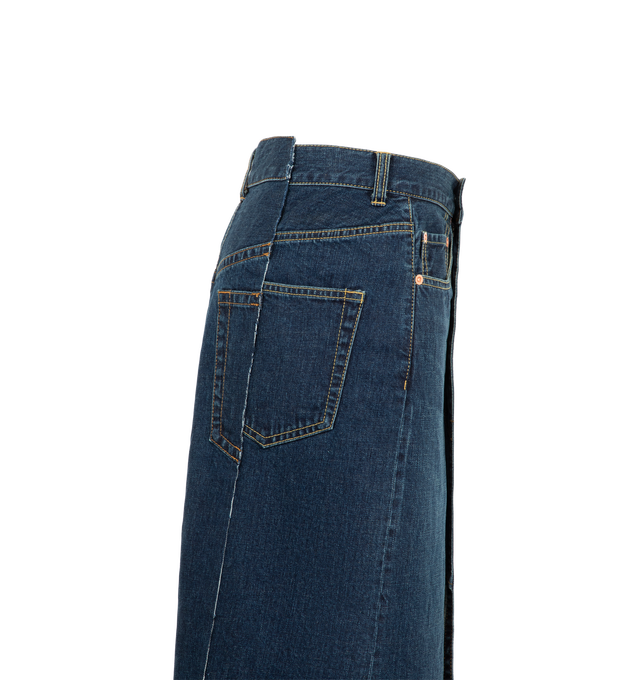 Image 3 of 3 - BLUE - Sacai Women's Asymmetrical Denim Skirt is crafted from denim and features the brands signature deconstructed approach to design. Cut in an asymmetrical silhouette, this statement skirt combines classic denim detailing with sculptural proportions. Main Material: Cotton Denim.
