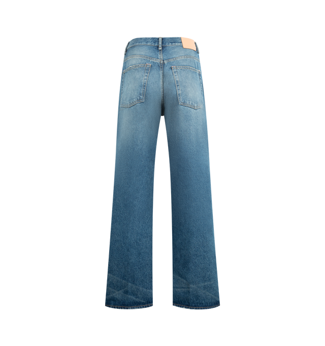 Image 2 of 3 - BLUE - ACNE STUDIOS 2022 Vintage Blue Jeans featuring heavyweight, non-stretch denim, fading and whiskering, full length, wide-leg cut, button closure and zip fly and 5-pocket styling. 100% cotton. Made in Italy.