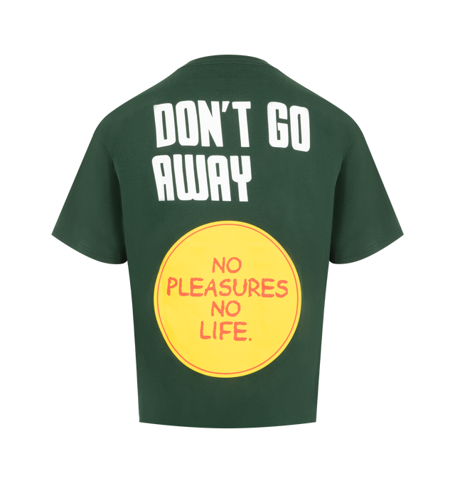 Image 2 of 2 - GREEN - PLEASURES Don't Go T-Shirt featuring crew neck, short sleeves, dropped shoulders and graphics on front and back. 100% cotton.