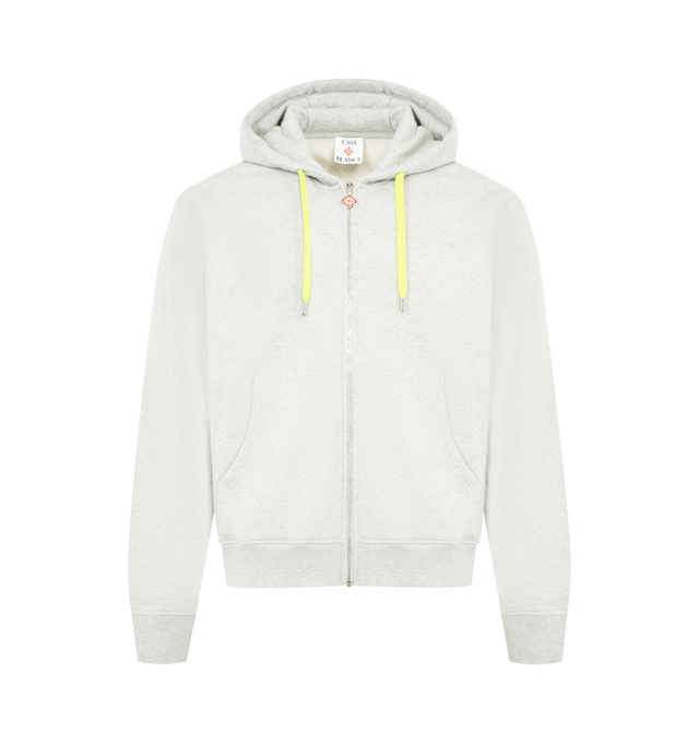 Image 1 of 2 - GREY - CASABLANCA Cashmere Blend Zip-Up Hooded Sweatshirt featuring hood, drawstring fastening, a zip closure with diamond logo on the zipper tab, patch pockets, and ribbed cuffs and hem detail. 95% cotton, 5% cashmere. Made in Portugal.