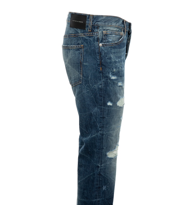 Image 3 of 4 - BLUE - COUT DE LA LIBERTE Jimmy Crispy Rigid Flare Jeans featuring five-pocket style, zip fly, button closure and flare hem. 100% cotton. 