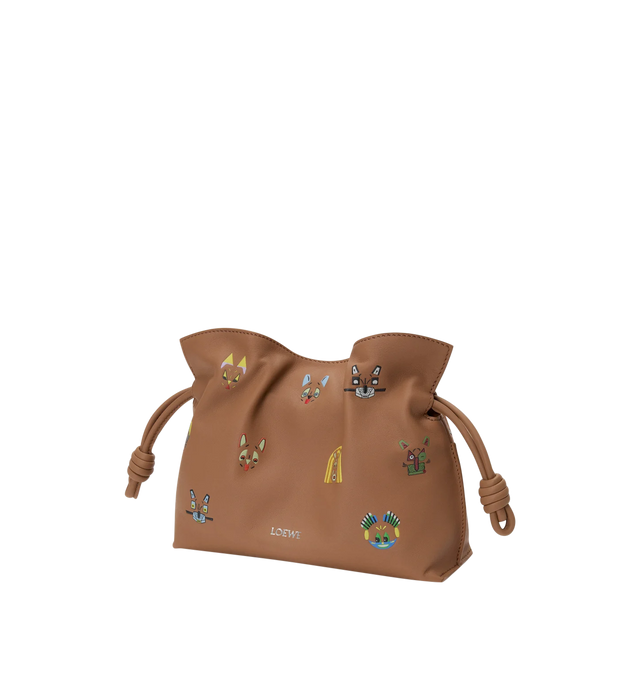 Image 2 of 4 - BROWN - LOEWE Cats Mini Flamenco Clutch in nappa calfskin featuring a cinched closure and historical knot drawstrings, allover 3D-effect cat prints, shoulder, crossbody or hand carry, detachable and adjustable strap, magnetic closure, suede lining and embossed LOEWE. Nappa calf. 18 cm x 23.9 cm x 9 cm. Made in Spain.