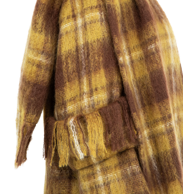 Image 4 of 4 - YELLOW - LOEWE Scarf Jacket in medium-weight mohair and wool blend featuring an allover check pattern, a detachable scarf at the collar, double layer sleeves with a fringed turn-up, regular fit, cropped length, peak lapel, button front fastening, seam pockets, inside welt pocket, back vent and fully lined. Mohair/Wool/Polyamide. Made in Italy.