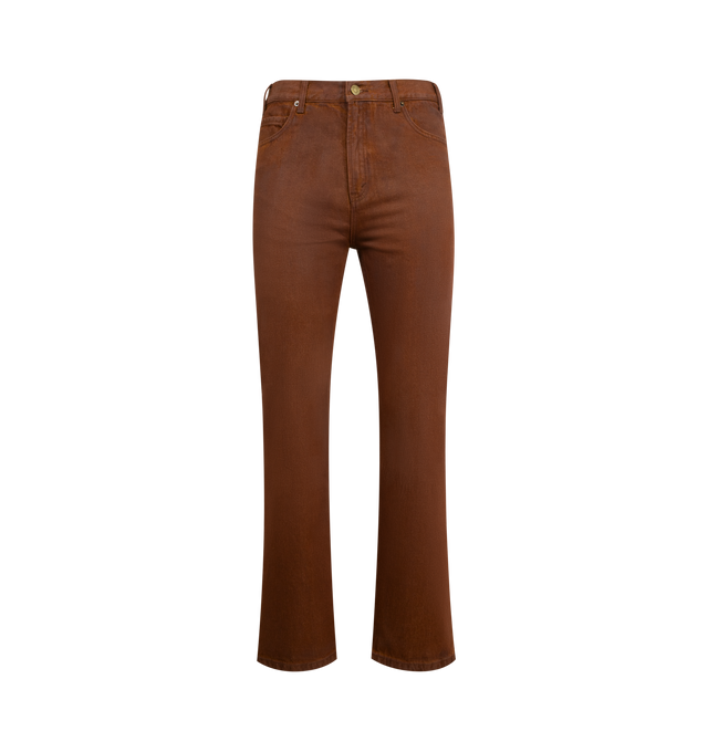 Image 1 of 3 - BROWN - MIDNIGHT RODEO Coated 5-Pocket Denim featuring vintage-inspired denim with a Western edge, a waxed finish, leather back tab and a modern bootcut fit. 100% cotton.