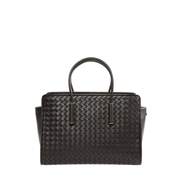 Image 1 of 3 - BROWN - Bottega Veneta Women's Small Intrecciato Leather Tote Bag is crafted from supple Intrecciato nappa leather and features a streamlined silhouette, a single-compartment interior, and a zip-top closure. Designed with snap-button attachments for the Dustbag Organizer system, it is finished with one interior zip pocket, an internal hand mirror with a leather cover, lambskin lining, and Brass Vibrato-finish hardware. Main Material: Intrecciato Nappa Leather. Lining: Lambskin. Hardware: Bras