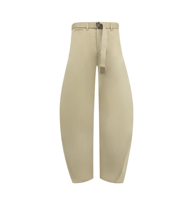 Image 1 of 3 - NEUTRAL - SACAI Cotton Chino Pants featuring high waist, wide leg, side pockets, back welt pockets, twisted seams and detachable belt. 100% cotton. Made in Japan.