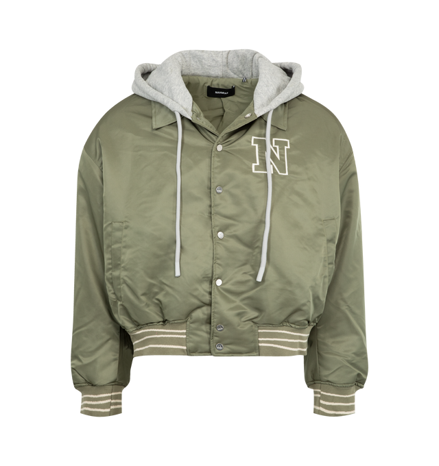 Image 1 of 3 - GREEN - NAHMIAS Nylon Hooded Bomber featuring cotton fleece hood, zip front fastening and snap closures, striped rib waistband and cuffs, N patch on front and boxy fit. 100% nylon.