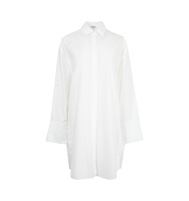 Image 1 of 2 - WHITE - LOEWE Shirt Dress in lightweight cotton poplin featuring adjustable sleeves, split sides with concealed button fastening, relaxed fit, knee length, classic collar, concealed button front fastening, buttoned cuffs, box pleat at the back and Anagram embroidery placed at the front. Cotton. Made in Italy.