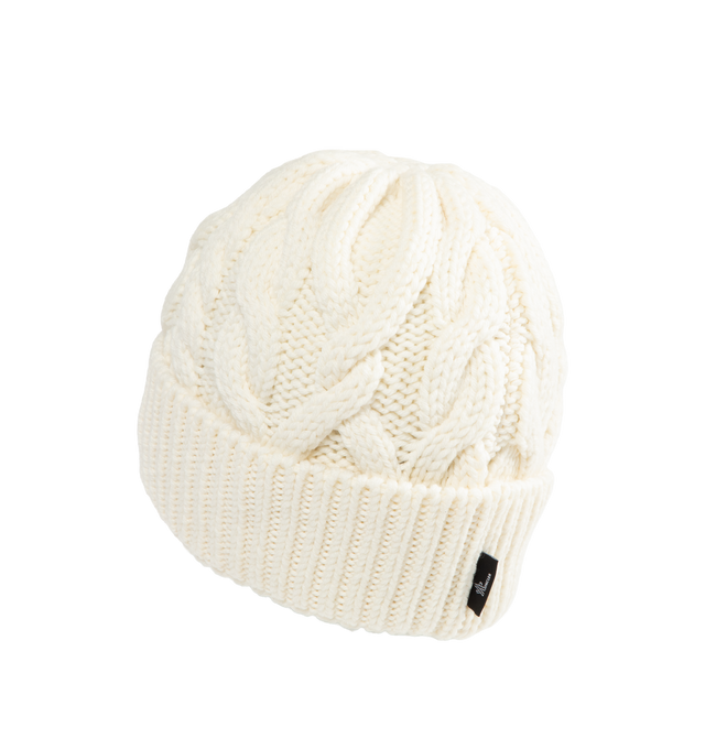 Image 2 of 2 - WHITE - MONCLER GRENOBLE Wool Beanie featuring ultra-fine wool, cable knit, gauge 3 and logo patch. 100% virgin wool. Made in Italy.