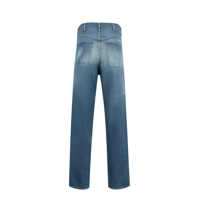 Image 2 of 3 - BLUE - VISVIM Social Sculpture Carpenter Pants DMGD featuring 9oz denim, wide fit, straight leg, high rise and zipper fly. 100% cotton. Made in Japan.