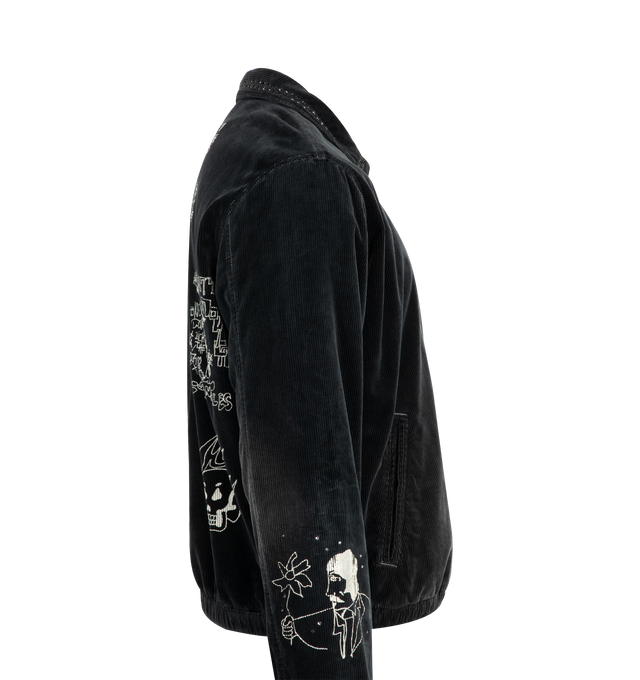 Image 3 of 4 - BLACK - COUT DE LA LIBERTE Vince Stretch Embroidered Jacket featuring corduroy fabric, zip front closure, side slit pockets, elastic waist and cuffs and emboidered on sleeves and back.