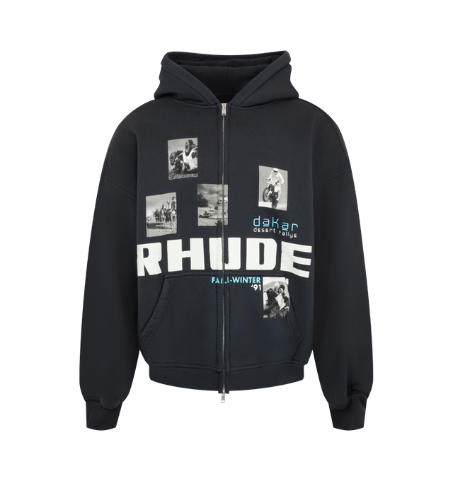 Image 1 of 2 - BLUE - Rhude Mens Zip-Up Hoodie is crafted from heavyweight cotton. Features a full zip-front closure with custom Rhude hardware, adjustable hood, front RHUDE graphics, and ribbed cuffs and hem. Main Material: 100% Cotton. Made in the USA.