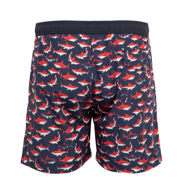 Image 2 of 3 - MULTI - MONCLER Shark Print Swim Trunks featuring elastic drawstring waist, side-seam pockets, back snap-flap patch pocket and mesh liner. 100% nylon.