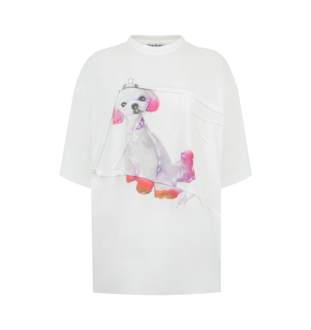 Image 1 of 2 - WHITE - ACNE STUDIOS Printed T-Shirt featuring crewneck, short-sleeves, ornament print on front, folded details across the chest, textured, vintage-inspired surface, ribbed neckline and cut to a regular fit. 100% cotton.