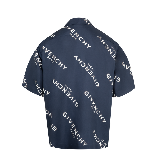 Image 2 of 2 - NAVY - GIVENCHY Bowling Shirt featuring short-sleeved shirt in silk, hawaiian collar, GIVENCHY Shadow printed all-over, button closure and relaxed fit. 100% silk.