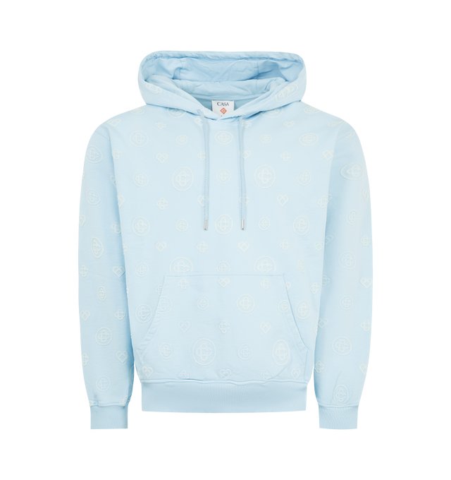 Image 1 of 2 - BLUE - CASABLANCA Applique Monogram Hooded Sweatshirt featuring the house's applique monogram, a hood, drawstring fastening, a kangaroo pocket, diamond logo patch, ribbed cuffs and hem detail and cotton loopback fabric. 100% organic cotton. Made in Portugal.
