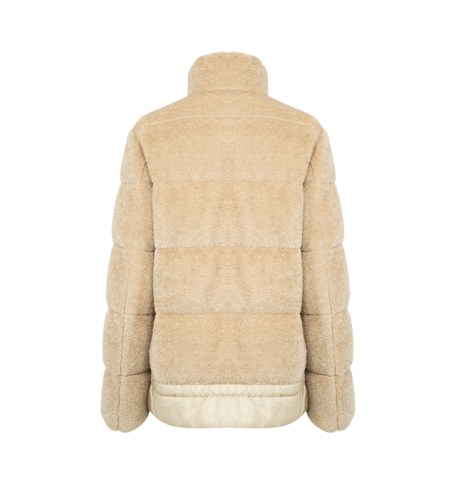 Image 2 of 3 - NEUTRAL - MONCLER Cedre Teddy Short Down Jacket featuring teddy fleece, longue saison lining, down-filled, stand collar, zipper closure, side pockets and longue saison hem with drawstring fastening. 60% acrylic, 40% cotton. Lining: 100% polyamide/nylon. Made in Romania.