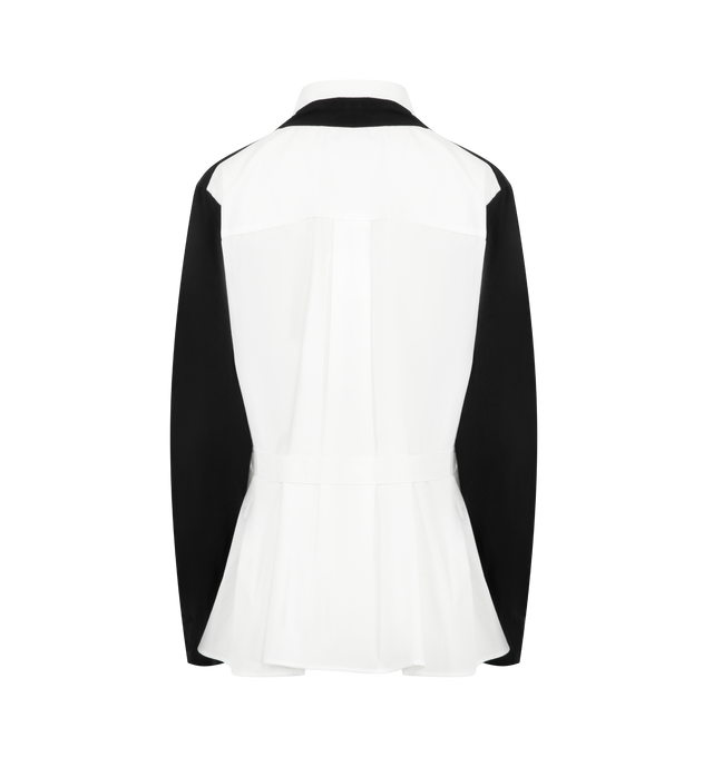 Image 2 of 2 - BLACK - SACAI Poplin Cotton Knit Cardigan featuring cotton poplin and knit cotton-blend cardigan, integrated shirt-and-cardigan-style construction, spread collar, button closure, patch pockets at front, layered hem, rib-knit cuffs, box pleat at back yoke and cinch strap at back waist. 100% cotton. 65% cotton, 35% polyester.