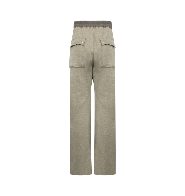 Image 2 of 3 - GREY - DRKSHDW Geth Belas Pant featuring an elastic waistband with a drawstring, generously sized patch pockets with button flaps, muted earthy tone paired with a darker waistband and wide fit. 84% cotton, 16% polyester. Made in Italy.