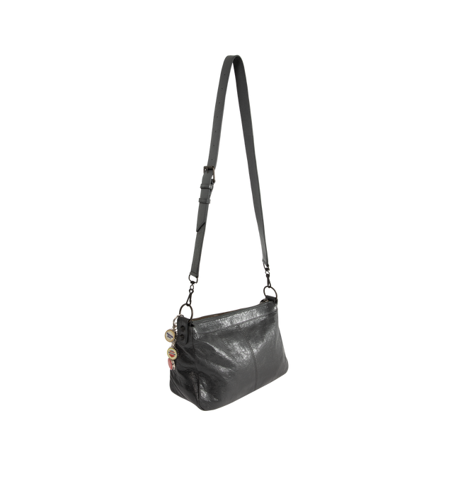 Image 3 of 4 - BLACK - BALENCIAGA Le City Moto Small BAG in volcanic rock Arena Storico lambskin featuring bottle caps charms, one removable shoulder strap, crossbody and shoulder carry, brass hardware, zipped closure with knotted leather puller, front zipped pocket with knotted leather puller, 1 main compartment, 1 inner zipped pocket and cotton canvas lining. L11 x H7.5 x W5.5 inch. Lambskin, brass, zamak. Made in Italy.