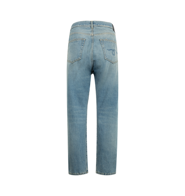 Image 2 of 3 - BLUE - R13 Crossover Jeans featuring fading, whiskering, and distressing throughout, belt loops, five-pocket styling, offset button-fly, raw edge at rolled cuffs and logo patch at back waistband. 100% cotton. Made in Italy.