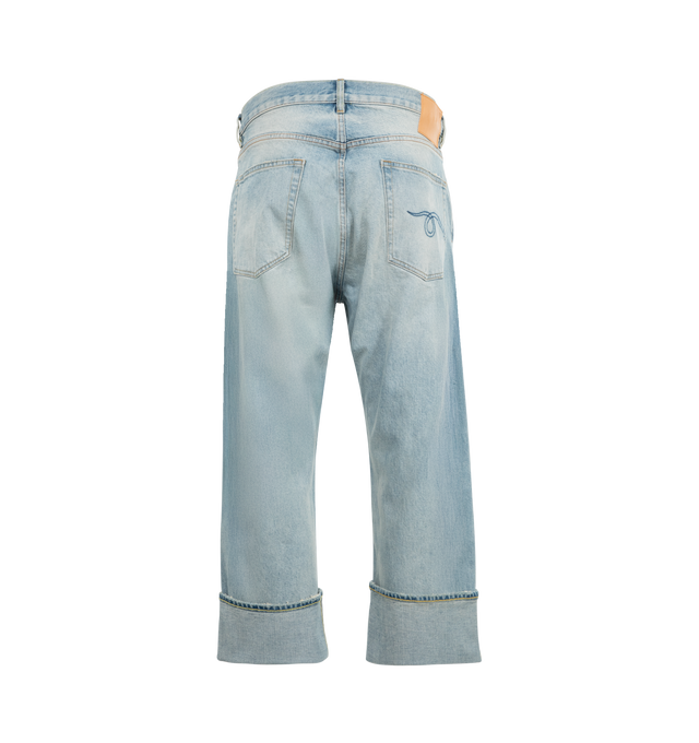 Image 2 of 3 - BLUE - R13 Cuffed X-Boyfriend Jeans featuring wide-leg non-stretch denim, fading, whiskering, and subtle distressing throughout, belt loops, five-pocket styling, zip-fly, rips at legs, leather logo patch at back waistband, logo-engraved antiqued copper-tone hardware and contrast stitching in yellow. 100% cotton.