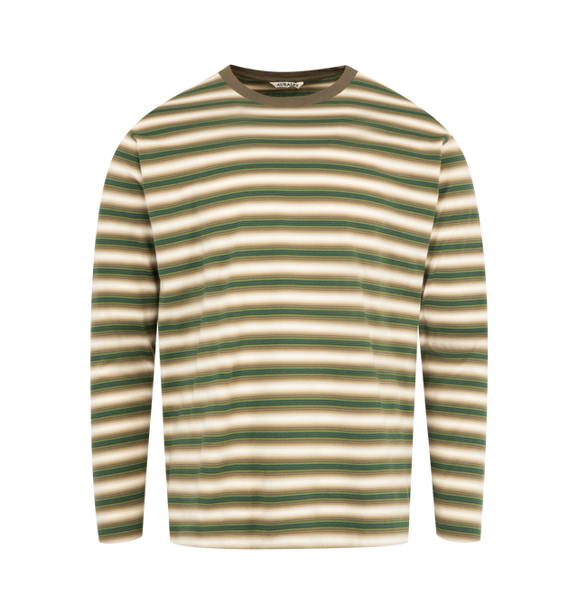 Image 1 of 2 - GREEN - AURALEE Gradient Stripe Cotton Tee featuring long sleeves, crew neckline and stripes throughout. 100% cotton. Made in Japan.