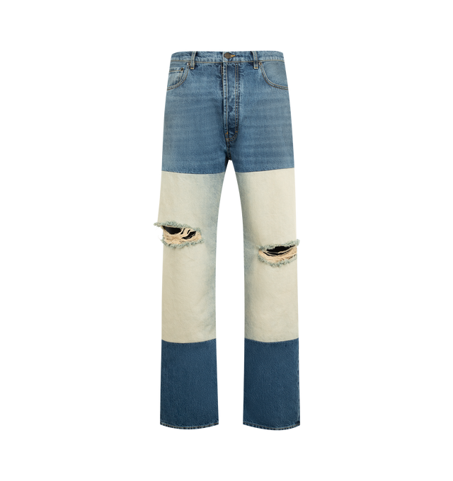 Image 1 of 3 - BLUE - MAISON MARGIELA Patched Panel Straight Jeans featuring full-length, straight-leg, distressed knees with contrast denim patches, front button and zip closure and four stitches at the back. 100% cotton. Made in Italy.