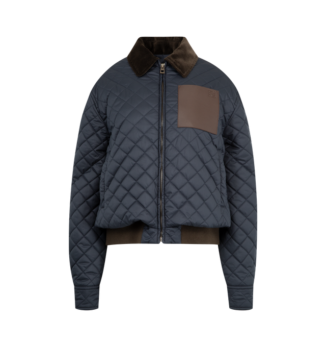 Image 1 of 3 - NAVY - LOEWE Short Jacket in lightweight technical fabric featuring allover diamond quilting, regular fit, short length, corduroy collar and inside cuff, zip front fastening and snap button cuffs, vertical welt pockets, inside welt pocket, contrast rib knit hem and anagram embossed leather patch pocket placed on the chest. Polyester. Made in Italy.